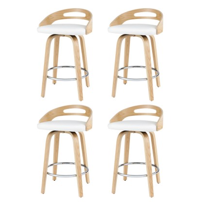 Artiss Set of 4 Swivel Bar Stools, White PU Leather, Low Back, Plywood Legs, 64cm Seat, Modern Dining Chairs