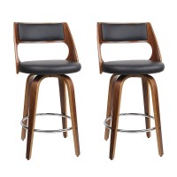Artiss 2x 65cm Swivel Bar Stools - Walnut Wood, PU Leather, Chrome Footrest, Anti-Slip Feet, Stylish Modern Design