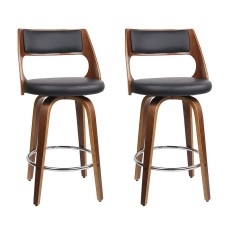 Artiss 2x 65cm Swivel Bar Stools - Walnut Wood, PU Leather, Chrome Footrest, Anti-Slip Feet, Stylish Modern Design
