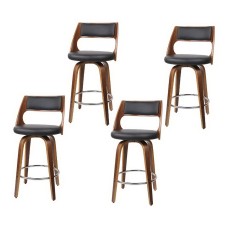 Artiss 4x 65cm Swivel Bar Stools Bentwood Walnut PU Leather Seat with Backrest and Chrome Footrest Black