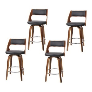 Artiss 4x 65cm Swivel Bar Stools Bentwood Walnut PU Leather Seat with Backrest and Chrome Footrest Black