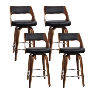 Artiss Set of 4 Bar Stools 76cm Swivel PU Leather Chairs with Solid Wood Legs, Chrome Footrest, Black, Padded
