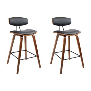 Artiss 2x Mika Bar Stools - Walnut Finish, PU Leather Padded Seat, Solid Wood Frame, Metal Footrest, 87cm Height