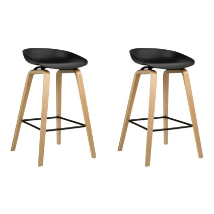 Artiss 2x Bar Stools Black, 67cm Seat, Wooden Legs, PP Plastic Seat, Metal Footrest, Anti-Slip Protectors, Modern Design