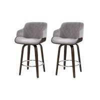 Artiss 2x Bar Stools Swivel Velvet Padded 70cm Bentwood Solid Wood Grey with Chrome Footrest and Contoured Backrest
