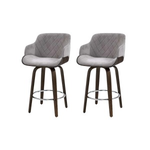 Artiss 2x Bar Stools Swivel Velvet Padded 70cm Bentwood Solid Wood Grey with Chrome Footrest and Contoured Backrest