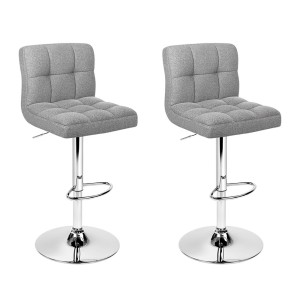 Artiss 2x Bar Stools - Grey Faux Linen Fabric, Chrome Finish, Adjustable Height 68-81cm, Swivel Kitchen Counter Chairs