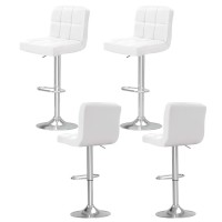 Artiss 4x Bar Stools White PU Leather, Gas Lift Adjustable, 360° Swivel, Chrome Base, Chequeered Backrest, 68-81cm