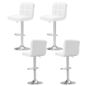 Artiss 4x Bar Stools White PU Leather, Gas Lift Adjustable, 360° Swivel, Chrome Base, Chequeered Backrest, 68-81cm