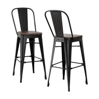 2x Artiss Metal Bar Stools with Wooden Seat, 76cm, Industrial Counter Chairs, Black & Walnut, Stackable, Set of 2