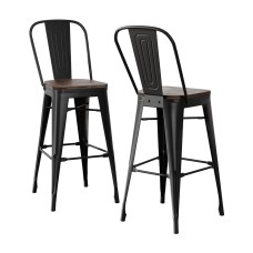 2x Artiss Metal Bar Stools with Wooden Seat, 76cm, Industrial Counter Chairs, Black & Walnut, Stackable, Set of 2