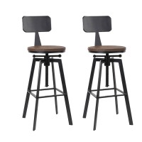 Artiss Bar Stools 2x Vintage Metal and Elm Wood Swivel Chairs, Adjustable Height 63.5–79.5cm, Black Frame