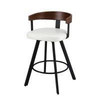 Artiss Bar Stool White PU Leather, Walnut Bentwood Back, Swivel Seat, Metal Legs, Kitchen Counter Chair 85cm Modern