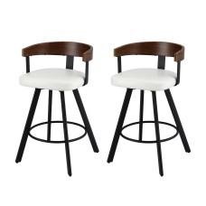 2x Artiss Bar Stools White PU Leather Swivel Kitchen Counter Chairs Walnut Bentwood Back Metal Legs 84.5cm Set