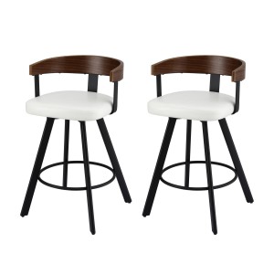 2x Artiss Bar Stools White PU Leather Swivel Kitchen Counter Chairs Walnut Bentwood Back Metal Legs 84.5cm Set