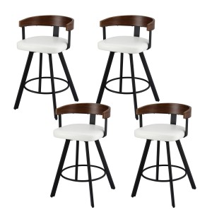 4x Artiss Bar Stools Swivel Kitchen Chairs White PU Leather, Walnut Bentwood Back, Metal Legs, Modern Counter Seating