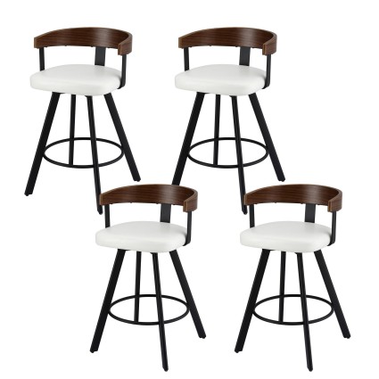 Artiss 4 Pack Swivel Bar Stools White PU Bentwood Walnut Back High-Density Foam Black Metal Legs 360°