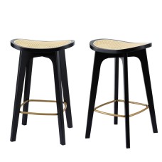 Artiss Set of 2 Bamboo Rattan Bar Stools – Black, 67cm, Anti-Slip, Gold Footrest, Easy Assembly, 120kg Capacity
