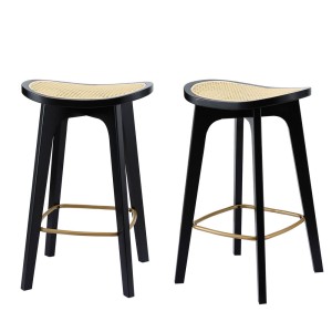 Artiss Set of 2 Bamboo Rattan Bar Stools – Black, 67cm, Anti-Slip, Gold Footrest, Easy Assembly, 120kg Capacity