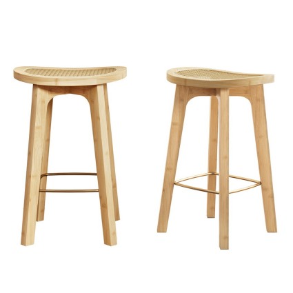 Artiss 2x Bamboo Rattan Bar Stools 67cm Counter Height Natural Finish with Gold Footrest 120kg Capacity