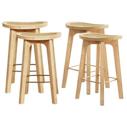 Artiss 4x Bamboo Rattan Bar Stools Counter Height 67cm PVC Rattan Seat Gold Footrest Durable Design Comfortable