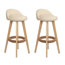 Artiss 2x Bar Stools - Beige PU Leather, Wooden Frame, 360° Swivel, Padded Seat, Floor Protectors, 36x36x79cm