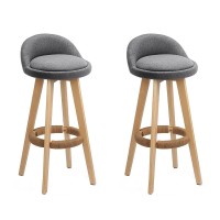 Artiss 2x Bar Stools - Grey Padded Faux-Linen Seat, Wooden Frame, 360° Swivel, 79cm Height, Rubber Floor Protectors