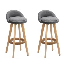 Artiss 2x Bar Stools - Grey Padded Faux-Linen Seat, Wooden Frame, 360° Swivel, 79cm Height, Rubber Floor Protectors