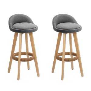 Artiss 2x Bar Stools - Grey Padded Faux-Linen Seat, Wooden Frame, 360° Swivel, 79cm Height, Rubber Floor Protectors