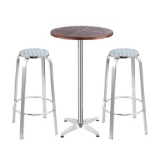 Gardeon 3-Piece Outdoor Bar Set: Adjustable Aluminium Stools & Wooden Bistro Table, Rust & UV Resistant, Easy Assembly