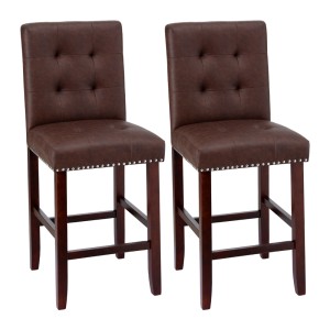 Artiss Ada Brown 2x Bar Stools: PU Leather, High Backrest, Rubber Wood Frame, 67cm Seat Height, 120kg Capacity, Set of 2