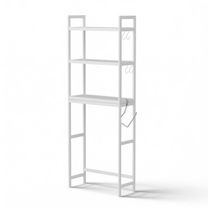 Artiss White Over Toilet Storage Rack - 3 Tier Iron Organiser, Fits Most Heights, 63x26x170cm, with Hooks &amp; Paper Holder