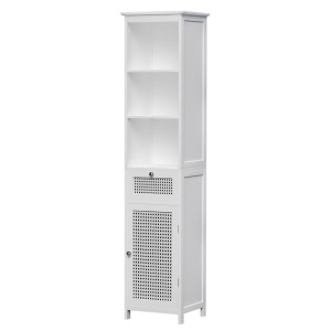 Artiss 161cm White Rattan Bathroom Cabinet - MDF Storage Tallboy with 3 Shelves, Drawer & Ventilated Doors