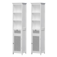 Artiss Bathroom Cabinet Storage X2 White Rattan 161cm Tall Slim Unit with Drawer Shelves 2 Pack (White)