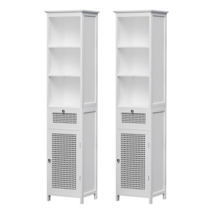 Artiss Bathroom Cabinet Storage X2 White Rattan 161cm Tall Slim Unit with Drawer Shelves 2 Pack (White)