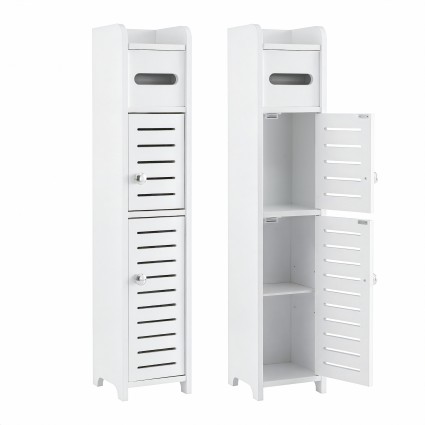 Artiss 2 Slim 3-Tier Bathroom Storage Cabinets White MDF with Toilet Paper Holder Adjustable Shelf Anti-Tip
