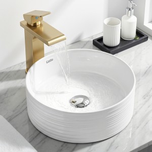 Cefito Ribbed Ceramic Basin Round 36cm Vessel Sink High-Gloss White Durable Above-Counter Ceramic Sink