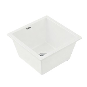 Cefito 38x38cm White Granite Kitchen Sink - Durable Single Bowl, Heat & Scratch Resistant, Easy Clean R15 Corners