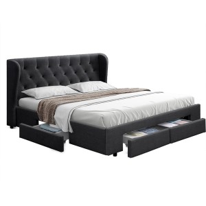 Artiss Mila King Bed Frame Charcoal Upholstered Faux Linen Tufted Headboard with 4 Drawers Storage Organiser