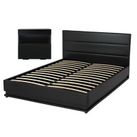 Artiss RGB LED Double Bed Frame & Bedside Table Set - 16 Colour Mood Lighting, PVC Leather, Gas-Lift, Storage, Black