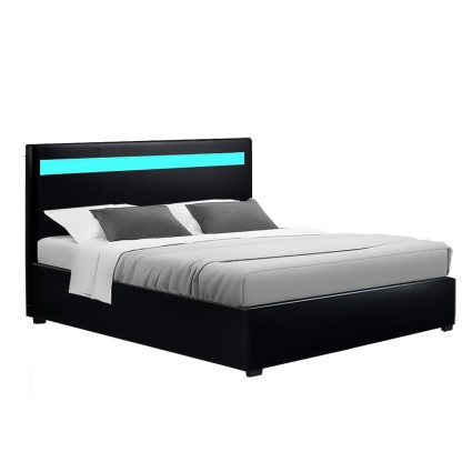 Artiss Bed Frame Double Size Black COLE with LED Headboard, Gas Lift Storage, PVC Leather, Heavy Duty, Modern