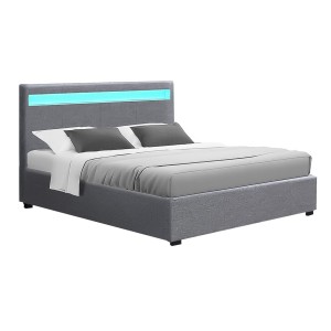 Artiss Cole Double Size Bed Frame with Gas Lift Storage, LED Lighting, Faux Linen Upholstery in Grey, Easy Assembly