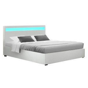 Artiss Cole Double Size Bed Frame with LED Lighting, Gas Lift Storage, PVC Leather Upholstery, White - Easy Assembly