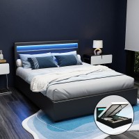 Artiss Cole Queen Size Bed Frame with LED Lights, Black PVC Leather, Gas Lift Storage, Steel & Wood Construction