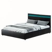 Artiss Cole Queen Size Bed Frame with LED Lights, Black PVC Leather, Gas Lift Storage, Steel &amp; Wood Construction