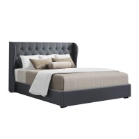 Artiss King Size Gas Lift Bed Frame - Charcoal Faux Linen, Tufted Headboard, Ample Storage, Steel & Wood Construction