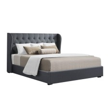 Artiss King Size Gas Lift Bed Frame - Charcoal Faux Linen, Tufted Headboard, Ample Storage, Steel & Wood Construction