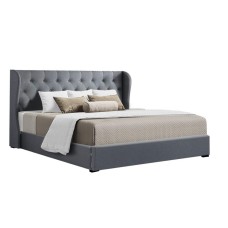 Artiss King Size Bed Frame Gas Lift Storage Grey Faux Linen, Tufted Headboard, Sturdy Wooden Slats, Easy Assembly