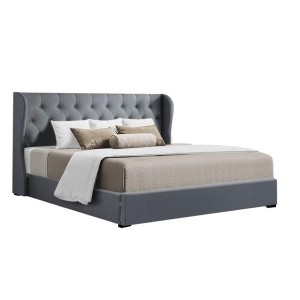 Artiss King Size Bed Frame Gas Lift Storage Grey Faux Linen, Tufted Headboard, Sturdy Wooden Slats, Easy Assembly