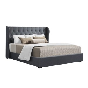 Artiss Queen Size Gas Lift Bed Frame in Charcoal - Faux Linen, Tufted Headboard, Storage, Steel Frame, Easy Assembly